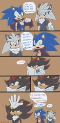 Size: 1009x2048 | Tagged: safe, artist:hellovivirose, shadow the hedgehog, silver the hedgehog, sonic the hedgehog, costume, dialogue, halloween, newspaper, vampire