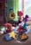 Size: 1448x2048 | Tagged: safe, artist:starcatbloomth, amy rose, blaze the cat, cream the rabbit, tikal, chao, book, bookshelf, curtain, daytime, deadpool, female, gramophone, indoors, looking at them, lying on front, pikachu, pillow, pizza, reading, record, rug, sitting, spiderman, stuffed animal, window
