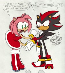 Size: 1610x1783 | Tagged: safe, amy rose, shadow the hedgehog, amy's halterneck dress, dialogue, holding hands, pencilwork, shadamy, shipping, straight