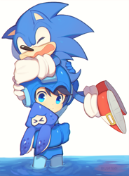 Size: 530x720 | Tagged: safe, artist:usato21, sonic the hedgehog, mega man, scared, splatoon, water