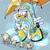 Size: 2000x2000 | Tagged: safe, artist:dizzpacito, silver the hedgehog, bird, duck, featured image, hand on own leg, holding something, hood, hood up, kneeling, looking down, mouth open, outdoors, rain, raincoat, silverbetes, solo, umbrella, water