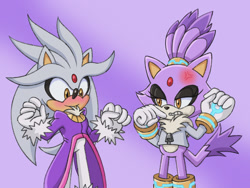 Size: 1717x1288 | Tagged: safe, artist:itoruna-the-platypus, blaze the cat, silver the hedgehog, blaze's tailcoat, crossdressing, duo, gradient background, outfit swap, shipping, silvaze, straight