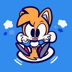 Size: 2000x2000 | Tagged: dead source, safe, artist:gooomys, miles "tails" prower, blue background, cute, flying, simple background, smile, spinning tails, tailabetes