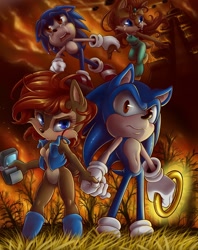 Size: 720x910 | Tagged: safe, artist:rayeofintegrity, nicole the handheld, sally acorn, sonic the hedgehog, crying, determined, nighttime, ring, sally x sonic, sally's vest and boots