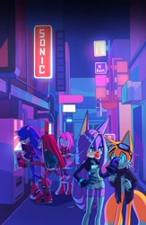 Size: 1304x2000 | Tagged: safe, artist:di-dash, amy rose, knuckles the echidna, miles "tails" prower, sonic the hedgehog, oc, oc:rita the dog, dog, echidna, fox, hedgehog, bubblegum, cellphone, cityscape, featured image, kicking, leaning, vending machine