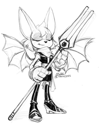 Size: 724x900 | Tagged: safe, artist:tealfuleyes, oc, oc:chime the bat, bat, eyes closed, one fang, scarf, signature
