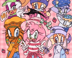 Size: 4000x3200 | Tagged: dead source, safe, artist:grybiena, amy rose, blaze the cat, cream the rabbit, marine the raccoon, rouge the bat, tikal, cosplay, crossover, hat, one fang, strawberry, strawberry shortcake