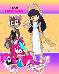 Size: 1454x1813 | Tagged: safe, artist:phi, oc, oc:b the otter, oc:kotep the jackal, oc:phi the cat, cat, jackal, otter, oc team