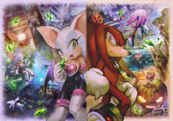 Size: 1300x908 | Tagged: safe, artist:aoki6311, knuckles the echidna, rouge the bat, pumpkin hill, aquatic mine, dry lagoon, egg quarters, knuxouge, mad space, master emerald shard, security hall, shipping