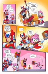 Size: 2600x4000 | Tagged: safe, artist:drawloverlala, amy rose, amy's halterneck dress, comic, dialogue, piko piko hammer, zero (mega man)