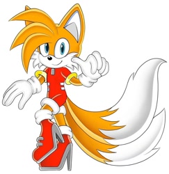 Size: 994x1024 | Tagged: safe, artist:† s a l t y _ ｋi ｗ i †, miles "tails" prower, assistant tails, bodysuit, gender swap, gloves, hair over one eye, heels, high heels, simple background, smile, solo, uekawa style, white background, zip