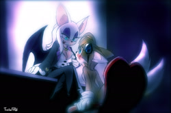 Size: 2048x1354 | Tagged: dead source, suggestive, artist:twisted-wind, miles "tails" prower, rouge the bat, oc, oc:twisted tails, blue eyes, blushing, chair, desk, eyeshadow, gender swap, goggles, half r63 shipping, hand on chin, large ears, lesbian, lidded eyes, lipstick, looking at each other, shipping, signature, sitting, tailouge, two tails