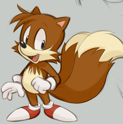 Size: 648x651 | Tagged: safe, artist:dandi, artist:dandimango, miles "tails" prower, adventures of sonic the hedgehog, brown fur, grey background, looking at viewer, mouth open, peach fur, simple background, solo, two tails