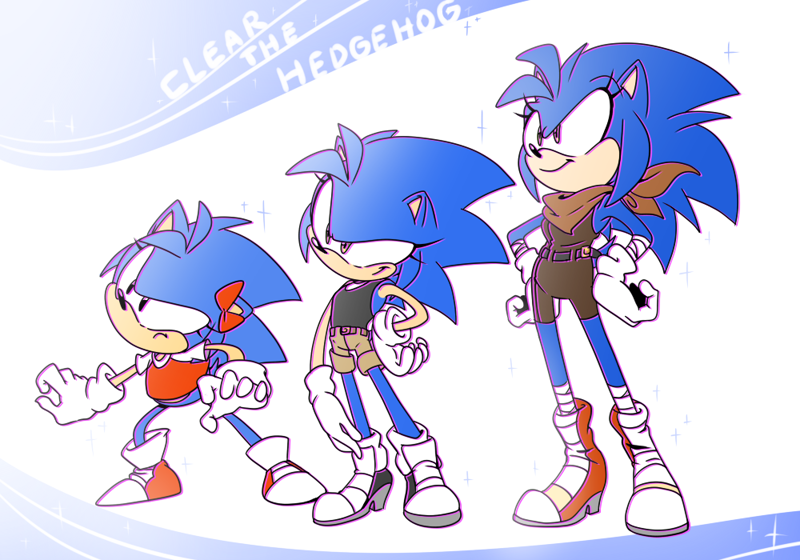 Size: 1000x700 | Tagged: safe, artist:thegreatrouge, sonic the hedgehog, oc, oc:clear the hedgehog, abstract background, bandana, boom sonic, boots, bow, classic sonic, featured image, frown, gender swap, gloves, looking up, modern sonic, shirt, shoes, shorts, smile, trio