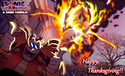 Size: 780x470 | Tagged: safe, artist:arionmiitoons, robotnik, sonic the hedgehog, sonic villains, explosion, fire, looking at viewer, macy's thanksgiving day parade, photographic background, thanksgiving, thumbs up