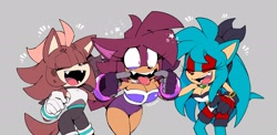 Size: 2205x1076 | Tagged: safe, artist:conniesky3, oc, oc:connie the hedgehog, oc:hilda the hyena, oc:purity the hedgehog, hedgehog, hyena, eyes crossed, laughing, making faces