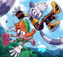 Size: 3285x3028 | Tagged: safe, artist:lemon eyebrows, belle the tinkerer, tangle the lemur, featured image, leaping, running, tangle's running suit