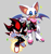 Size: 787x840 | Tagged: safe, artist:sanikink, rouge the bat, shadow the hedgehog, duo, grey background, holding something, pointing, reaching out, rouge's heart top, simple background
