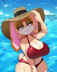 Size: 960x1200 | Tagged: suggestive, artist:kappa spark, vanilla the rabbit, bikini, clouds, daytime, hat, huge breasts, lidded eyes, ocean, solo, swimsuit