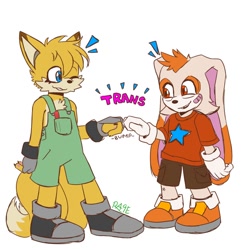 Size: 1000x1000 | Tagged: safe, artist:heir0rage, cream the rabbit, miles "tails" prower, duo, fistbump, plaster, signature, simple background, trans boy cream, trans female, trans girl tails, trans male, transgender, white background