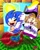 Size: 2400x3000 | Tagged: safe, artist:hedgehoghogvampir1, miles "tails" prower, sonic the hedgehog, green hill zone, 2021, abstract background, asexual pride, duo, flag, flying, nonbinary pride, running, signature, spinning tails