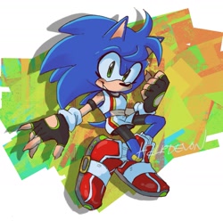 Size: 1529x1516 | Tagged: safe, artist:kadybat, sonic the hedgehog, abstract background, blushing, fingerless gloves, genderfluid, solo