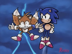 Size: 1024x768 | Tagged: safe, artist:reddydraws64, miles "tails" prower, sonic the hedgehog, sonic the ova, astraphobia, lightning, redraw, shrunken pupils, signature, sweatdrop