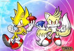 Size: 3567x2500 | Tagged: safe, artist:shadowlifeman, miles "tails" prower, sonic the hedgehog, super sonic, super tails, abstract background, chaos emeralds, duo, modern style, red eyes, signature, super form