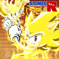 Size: 1080x1081 | Tagged: safe, artist:emanny360, miles "tails" prower, sonic the hedgehog, super sonic, super tails, abstract background, logo, red eyes, sonic and tails r (series), super form