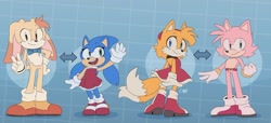 Size: 900x412 | Tagged: safe, artist:kalanit-saidon, amy rose, cream the rabbit, miles "tails" prower, sonic the hedgehog, abstract background, aged down, aged up, amy's halterneck dress, belt, bowtie, dress, gender swap, role swap