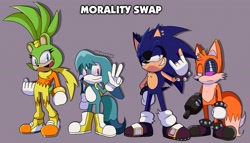 Size: 3500x2000 | Tagged: safe, artist:kitare, kit the fennec, miles "tails" prower, sonic the hedgehog, surge the tenrec, alignment swap, cyborg, fingerless gloves, group, horn sign, lidded eyes, looking at viewer, male, males only, partially roboticized, purple background, simple background, v sign