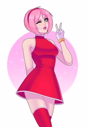 Size: 2480x3508 | Tagged: safe, artist:tulipsie, amy rose, amy's halterneck dress, v sign, wink