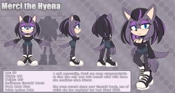 Size: 1750x938 | Tagged: safe, artist:hildahyena, oc, oc:merci the hyena, hyena, character sheet