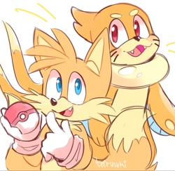 Size: 1200x1173 | Tagged: safe, artist:teirusuki, miles "tails" prower, buizel, crossover, cute, duo, fangs, pokeball, pokemon, simple background, two tails, whiskers, white background