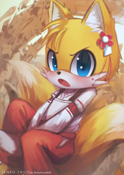 Size: 1280x1811 | Tagged: safe, artist:rezkapratam4x, miles "tails" prower, fox, 2019, crossdressing, crossover, hair pin, hands between legs, kimono, looking at viewer, mouth open, sitting, solo, the helpful fox senko-san