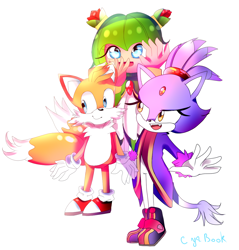 Size: 1000x1048 | Tagged: safe, artist:cyabook, blaze the cat, cosmo the seedrian, miles "tails" prower