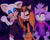 Size: 1280x1025 | Tagged: safe, artist:broadwaybash123, blaze the cat, rouge the bat, sticks the badger, abstract background, clenched fist, clenched teeth, cross popping vein, frown, heart, little black dress, looking at each other, looking at them, mouth open, open smile, rouge's heart top, shrunken pupils, smile, smiling at them, trio