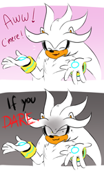 Size: 1403x2321 | Tagged: dead source, safe, artist:beadichnoa, silver the hedgehog, dialogue, looking at viewer, solo