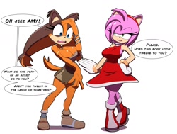 Size: 1280x966 | Tagged: safe, artist:kojiro-brushard, amy rose, sticks the badger, busty amy, busty sticks, dialogue