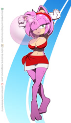 Size: 694x1200 | Tagged: suggestive, artist:kojiro-brushard, amy rose, barefoot, bubblegum, busty amy