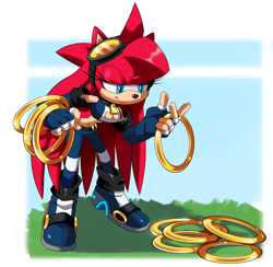 Size: 1300x1268 | Tagged: safe, artist:scarletopalite, oc, oc:scarlet the hedgehog, hedgehog, daytime, goggles, rings, solo