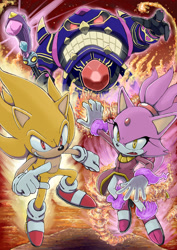 Size: 2061x2909 | Tagged: safe, artist:nenikat, blaze the cat, burning blaze, egg wizard, sonic the hedgehog, super sonic, sonic rush adventure, flying, jeweled scepter, super form