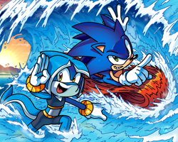 Size: 1280x1024 | Tagged: safe, artist:waniramirez, sonic the hedgehog, oc, oc:tempest the dolphin, dolphin, running, sonic legacy, swimming, waves