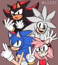 Size: 877x989 | Tagged: safe, artist:xsoziex, amy rose, shadow the hedgehog, silver the hedgehog, sonic the hedgehog, amy's halterneck dress, v sign, waving