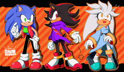 Size: 1200x700 | Tagged: safe, artist:mandiopan, shadow the hedgehog, silver the hedgehog, sonic the hedgehog, gender swap, trio