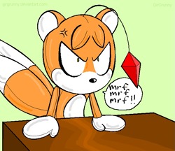 Size: 625x541 | Tagged: safe, artist:girgrunny, tails doll, angry, courtroom, cross popping vein, english text, green background, no mouth, simple background, solo, speech bubble, table