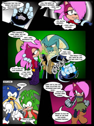 Size: 748x1000 | Tagged: safe, artist:chaoscroc, sonia the hedgehog, sonic the hedgehog, alignment swap, comic, dialogue, manic the hedgehog, mind control, partially roboticized