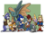 Size: 1595x1200 | Tagged: safe, artist:donkeyinthemiddle, antoine d'coolette, bunnie rabbot, dulcy the dragon, miles "tails" prower, rotor walrus, sally acorn, sonic the hedgehog, chipmunk, coyote, fox, hedgehog, rabbit, walrus, dragon, featured image, freedom fighters, goggles, group, hat, sally's vest and boots, scarf, sword