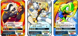 Size: 1815x837 | Tagged: safe, artist:rikdraws, dr. starline, tangle the lemur, tekno the canary, card, card game, featured image, skirt, tangle's running suit, warp topaz