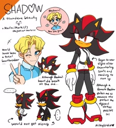 Size: 1852x2048 | Tagged: safe, artist:milkylotte, maria robotnik, shadow the hedgehog, hedgehog, human, ..., 2021, dialogue, duo, english text, gender swap, self paradox, simple background, speech bubble, standing, v sign, white background